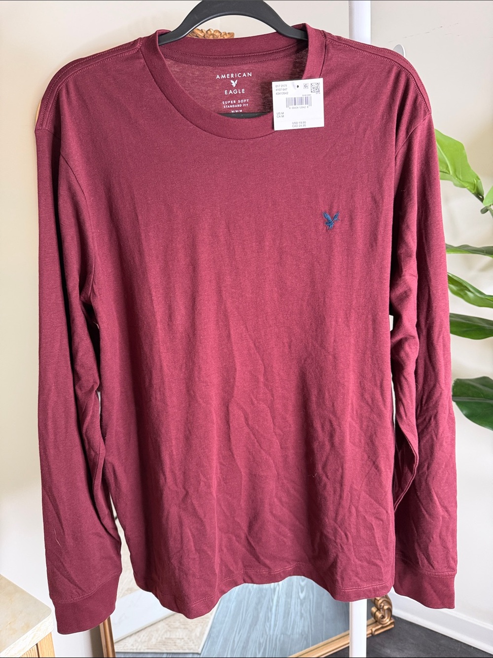 American Eagle Outfitters Long Sleeve Tee - Burgundy with Blue Logo